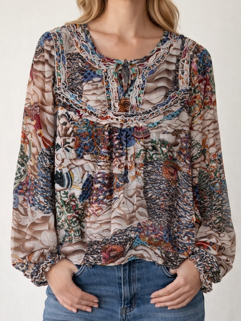 Prada Whimsical Print Vintage 100% Silk Blouse